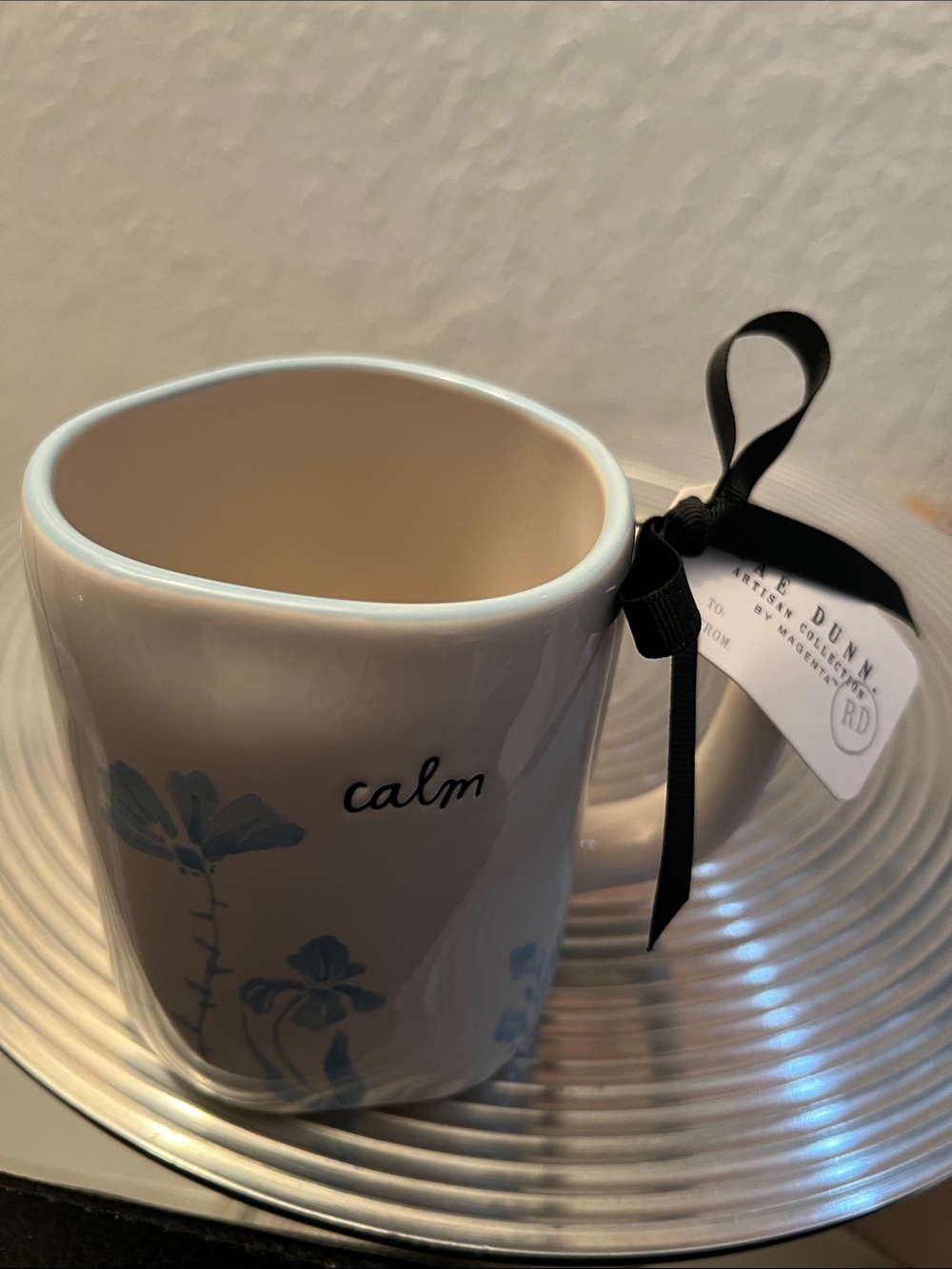 Rae Dunn Cream Ceramic Mug with Blue Floral and 'calm' Script - Picture 5 of 5